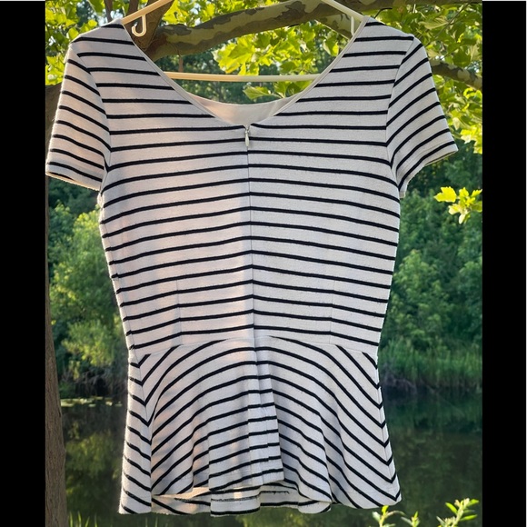 X SOLD X  J. Crew | Black Striped Peplum Top | Size 0P (XXS/XS) | Very Petite - Picture 3 of 17